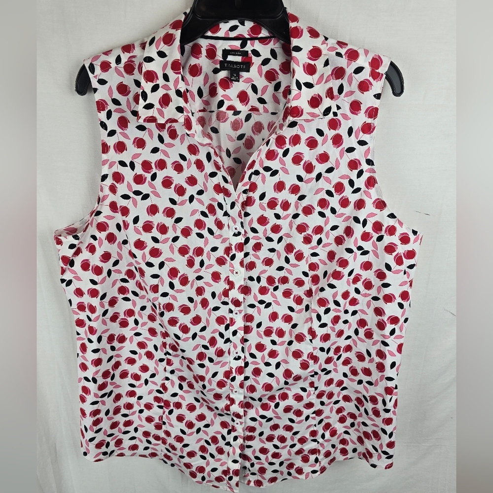 Talbots Red and Black Floral Print Sleeveless Cotton Button Up Blouse Sz 18